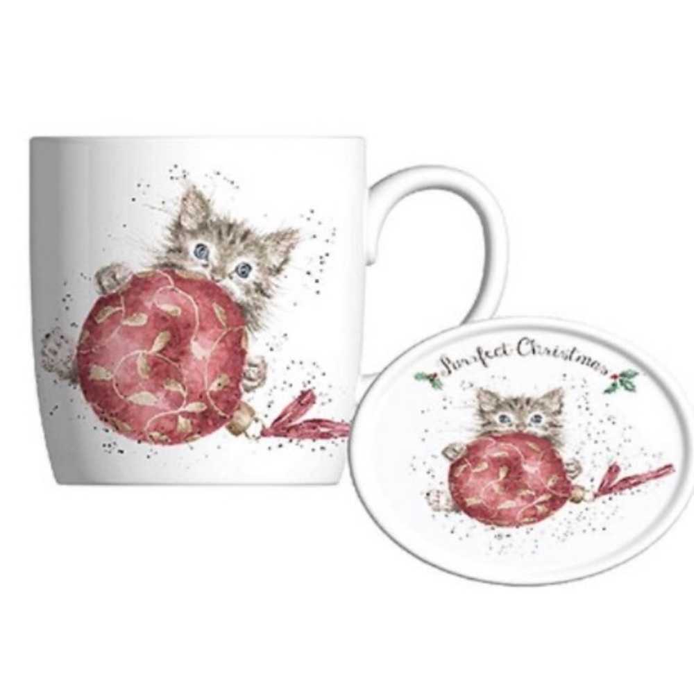 Fine China Mug and Coaster Set New Cute Cat Kitty Home Cup Christmas Holiday